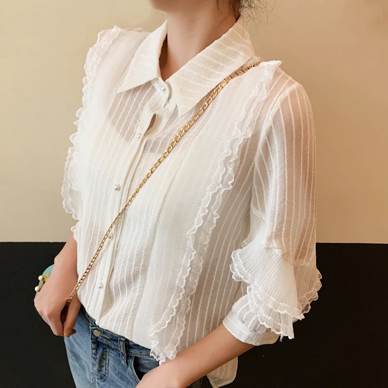 

#4952 весенне-летняя белая блузка, женские повседневные шифоновые Женские топы и блузки с коротким рукавом, пикантные тонкие дамские блузки с ...