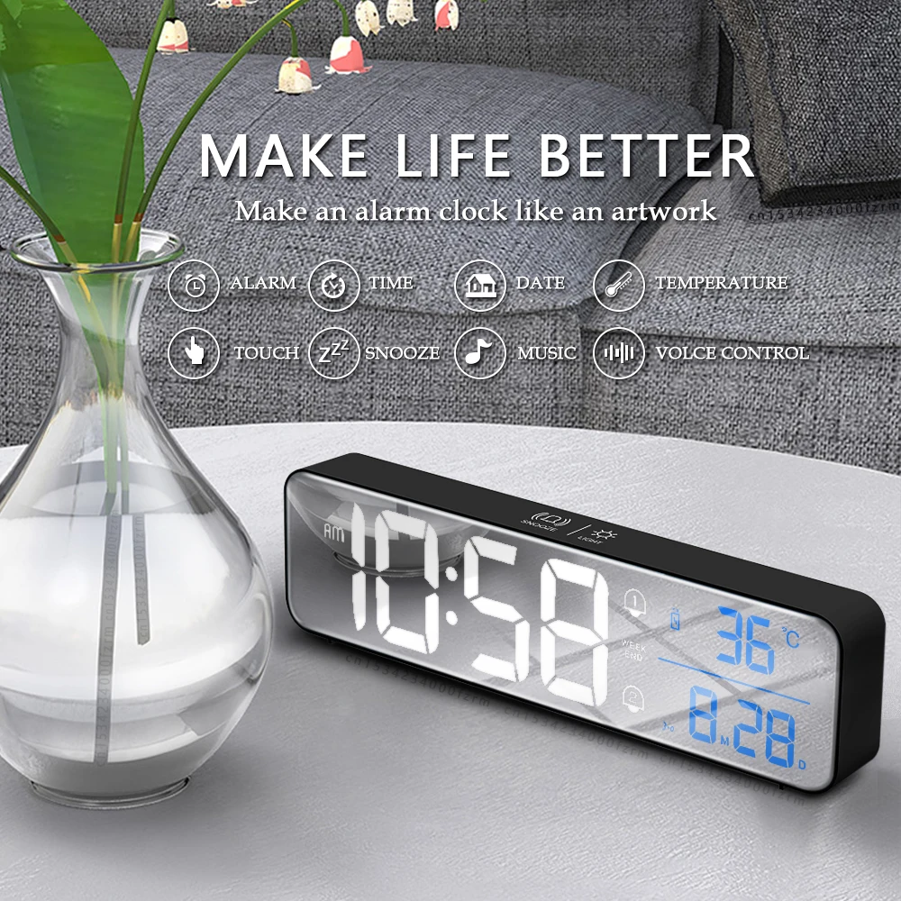 music led digital alarm clock temperature date display desktop mirror clocks home table decoration voice control 2400mah battery free global shipping
