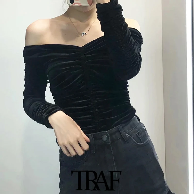 

TRAF Women Sexy Fashion Pleated Velvet Blouses Vintage Slash Neck Long Sleeve Female Shirts Blusas Chic Tops