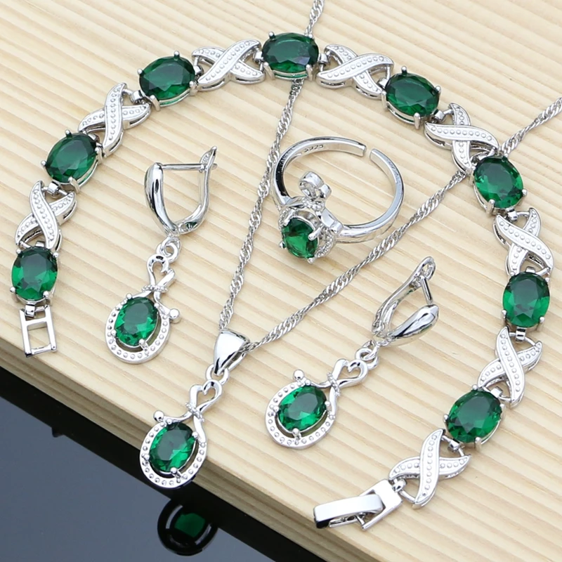 

Real Silver 925 Jewelry Sets for Women Green Emerald Birthstone Simple Office Long Earrings Bracelet Necklace Set Gift for Her