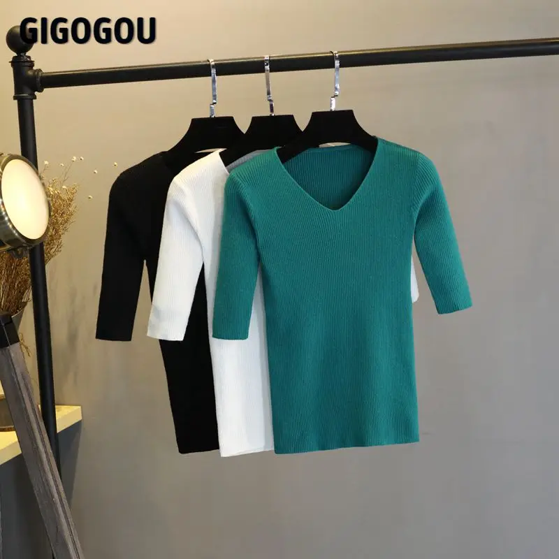 

Свитер женский трикотажный GIGOGOU, с V-образным вырезом, с полурукавами