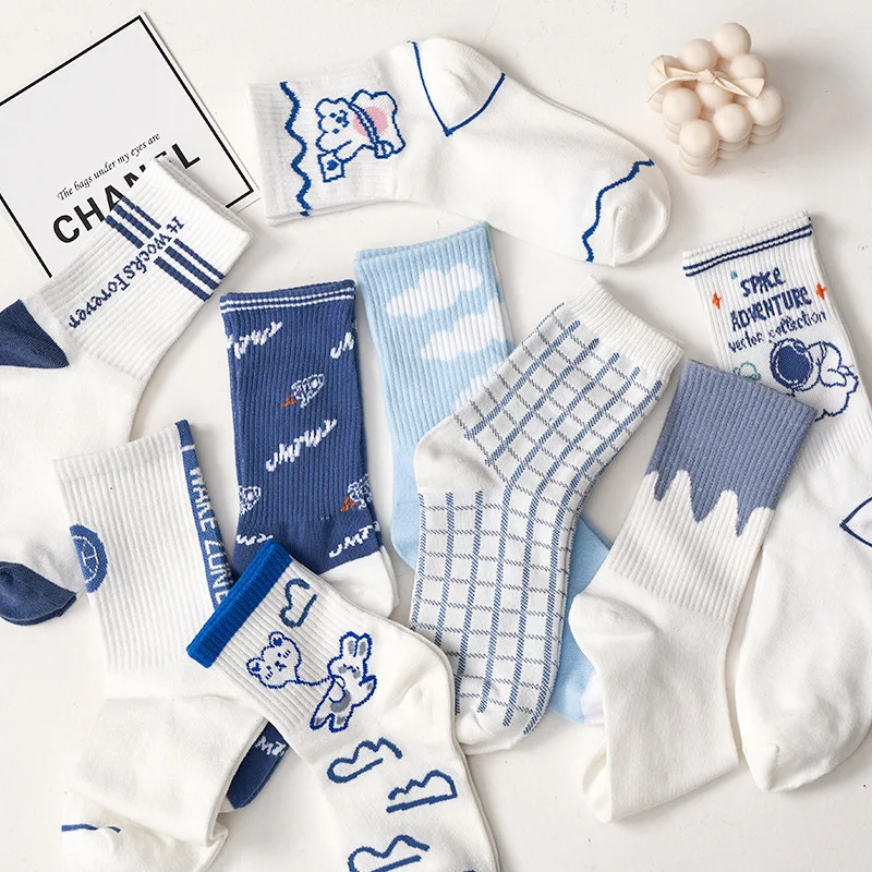 

5 Pairs/Lot White Socks Children's Long Style Female Socks Personality Graffiti Cartoon Cartoon Ins Damp Cotton Sweat Absorption