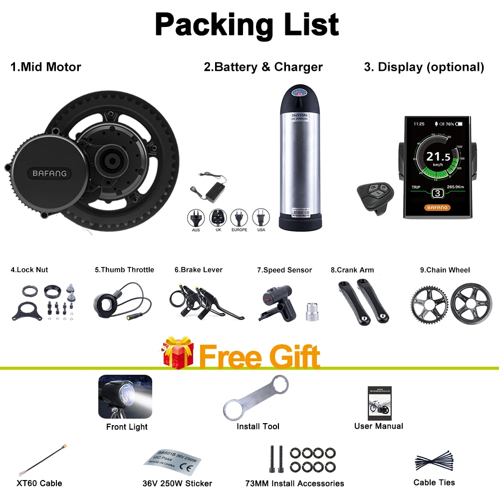 

BAFANG BBS01B 36V 250W With HMI Drive Motor Electric Bicycle Conversion Kit 36V 10Ah Electric Bike Kettle Battery and Charger