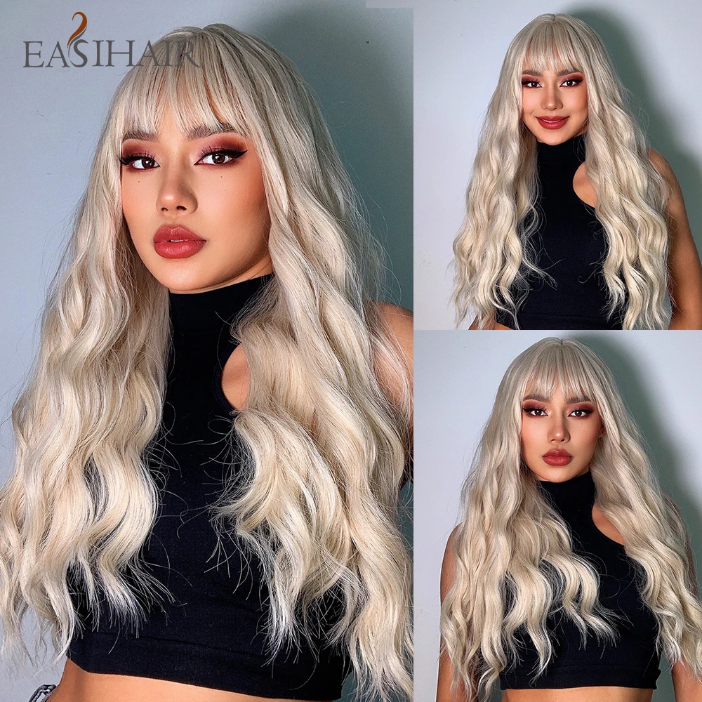 

EASIHAIR Long Platinum White Synthetic Wigs for Women Natural Hair Wavy Wig with Bangs Heat Resistant Daily Party Cosplay Wigs