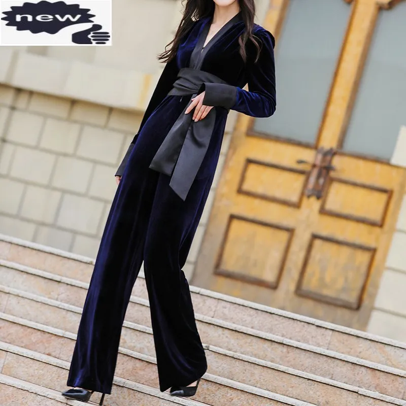 Women V-Neck Fashion Jumpsuit High Waist Velvet Elegant Office Lady Long Sleeve Rompers Sashes Slim Streetwear Wide Leg Trousers