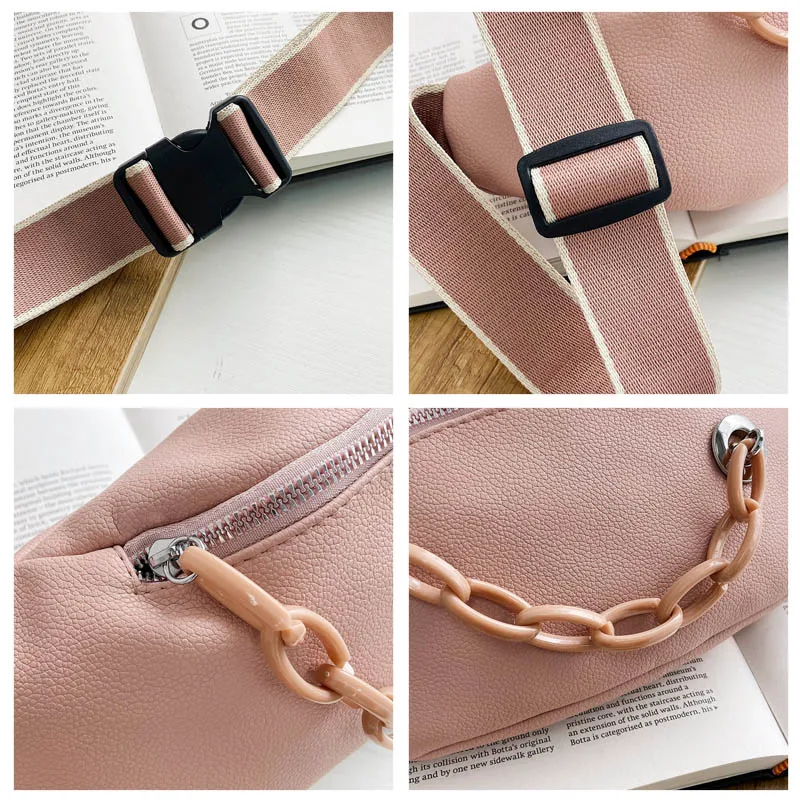 

Woman Waist Bag Fashion Chain Shoulder Bag High Quality Leather Chest Pack Summer Female Waist Pack Hip Bags Solid Phone Pack