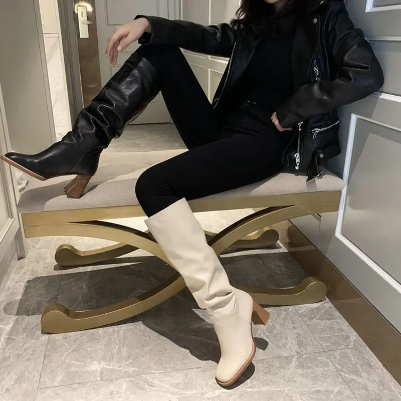 

Tuyoki Women Knee High Boots Women Riding Boots Warm Winter Shoes Women Fashion Square Toe Casual Female Footwear Size 34-43