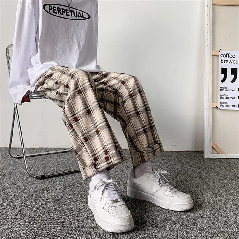 

Men Pants Plaid Oversized Comfortable Vintage Casual Elastic Waist Wide Leg Trousers Fashion Streetwear Hip Hop Unisex Pants