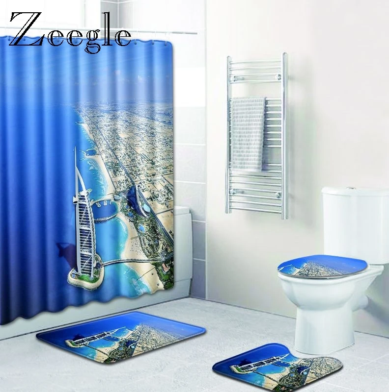 

Набор ковриков для ванной Zeegle с принтом и крышкой для занавески, коврик для унитаза, коврик для ванной, набор ковриков для ног в туалете, зана...