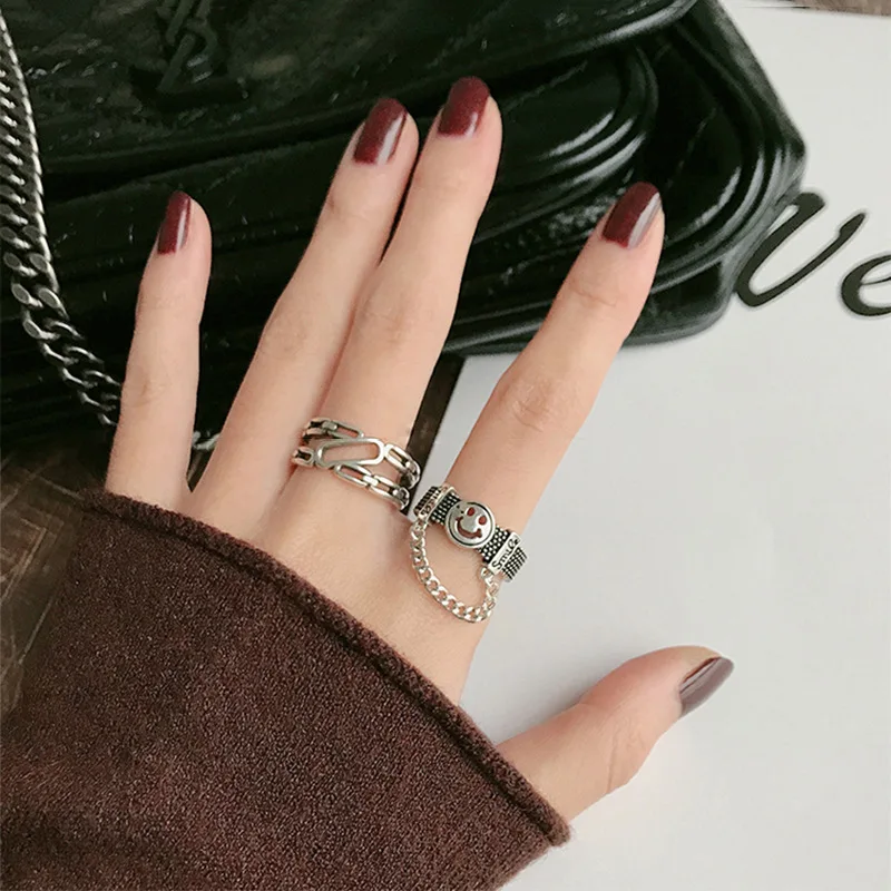 

FMILY Minimalist 925 Sterling Silver Geometric Hollow Letter Ring Retro Fashion Smiley Face Hip Hop Jewelry for Girlfriend Gift
