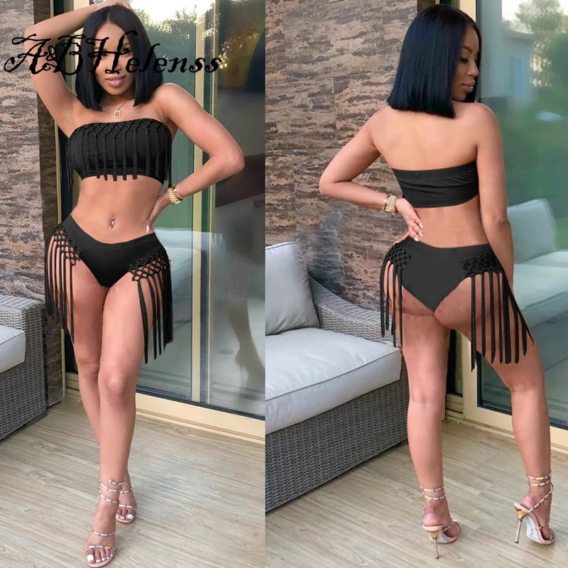 

A & BHelenss 2021 сексуальный однотонный черный лоскутный комплект из двух предметов, комплект бикини с кисточками, короткий топ с открытыми плеча...