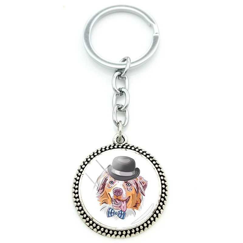

JWEIJIAO vintage dog pattern creative design tasteful cabochon pendant keychain round glass gemstone keychain metal jewelry