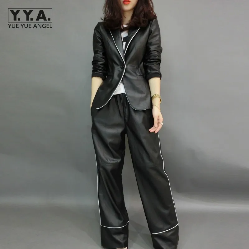 

Office Ladies Fashion Genuine Leather Suits Set Sheepskin Suit Jackets Elastic Waist Wide Leg Pants Womens Two Piece Outfits