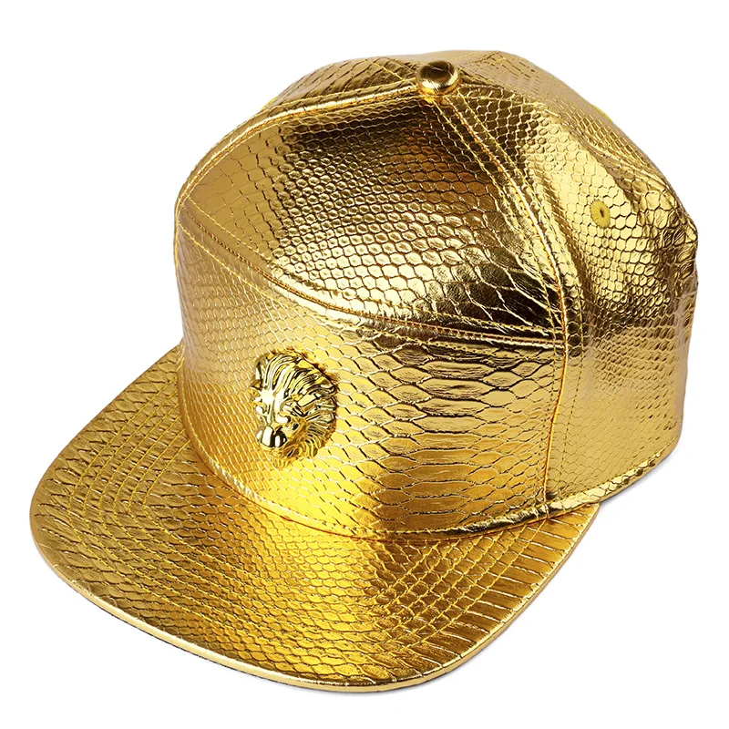 Hip Hop Rap 5 Panel Metal Gold Lion Head Logo PU Leather Baseball Cap Casual Unisex Belt Buckle Snapback Hats Men Black Red 2021
