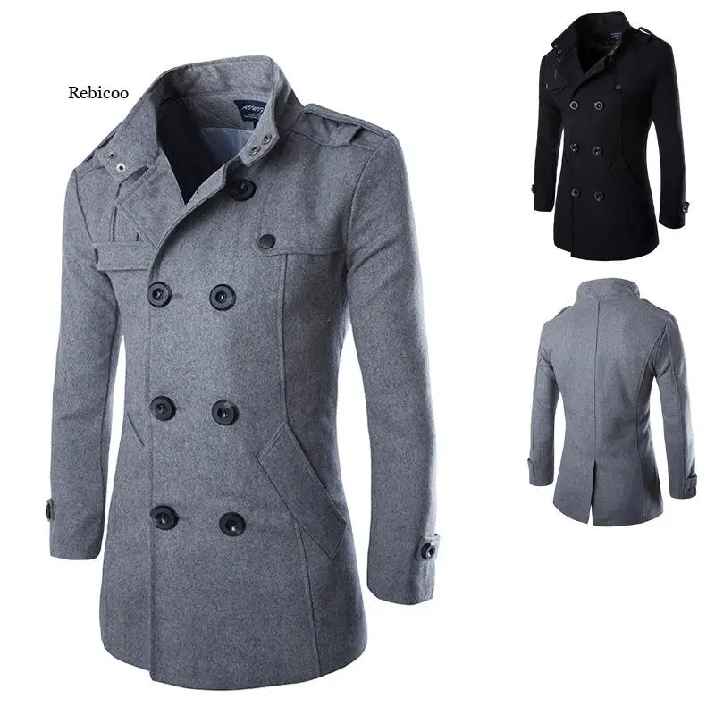

Coat Men Winter Warm Lapel Trench Coat Woolen Coat Slim Casual Solid Stand Collar Double Breasted Long Coat