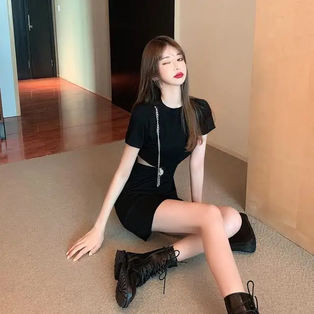 

Summer women's slim design cool slim sexy waist chain fake two-piece short sleeve dress