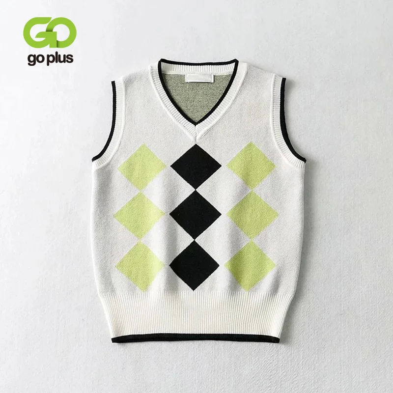 

GOPLUS Sweater England Style Knit Tops Women V Neck Sleeveless Argyle Sweaters Vest Y2K Chaleco Sin Mangas Gilet Sans Manche