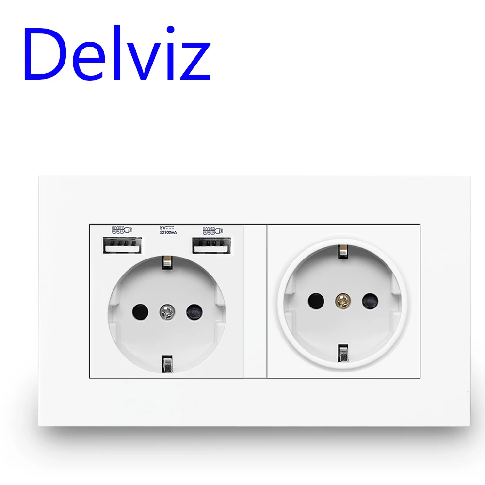 Delviz EU Standard USB socket, Double Outlet,16A Quality power panel AC 110~250V 146mm * 86mm,Double frame Wall USB Power Outlet