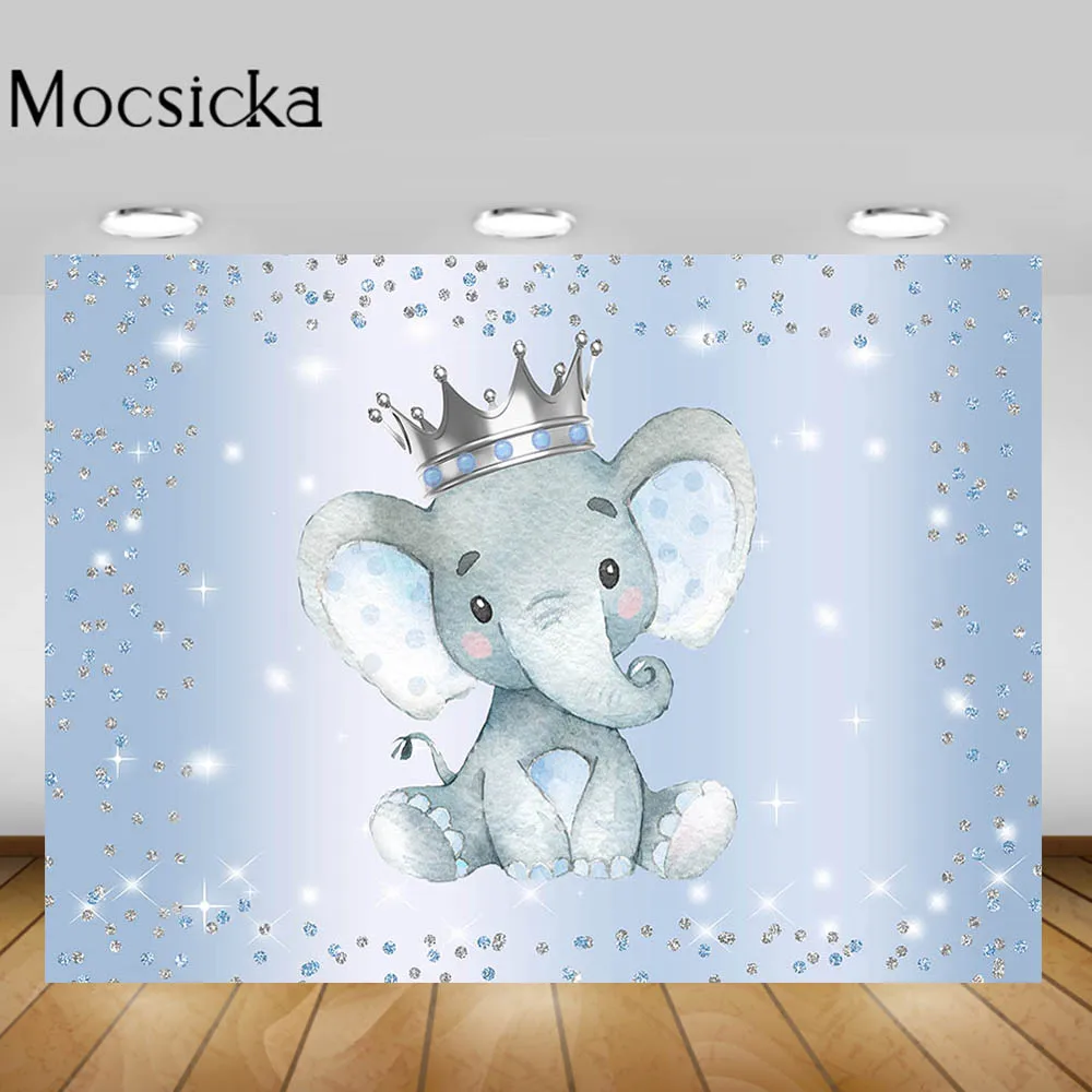 

Mocsicka Baby Shower Backdrop Boy Blue Elephant Silver Crown Child Birthday Background Decor Photo Studio Props for Photography