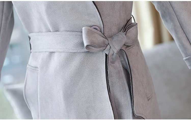 

Invierno Suede Trench Coat Women's Mid-length Spring Autumn Fashion Buckskin Velvet Waist Overcoat Windbreaker Band Belt Z270