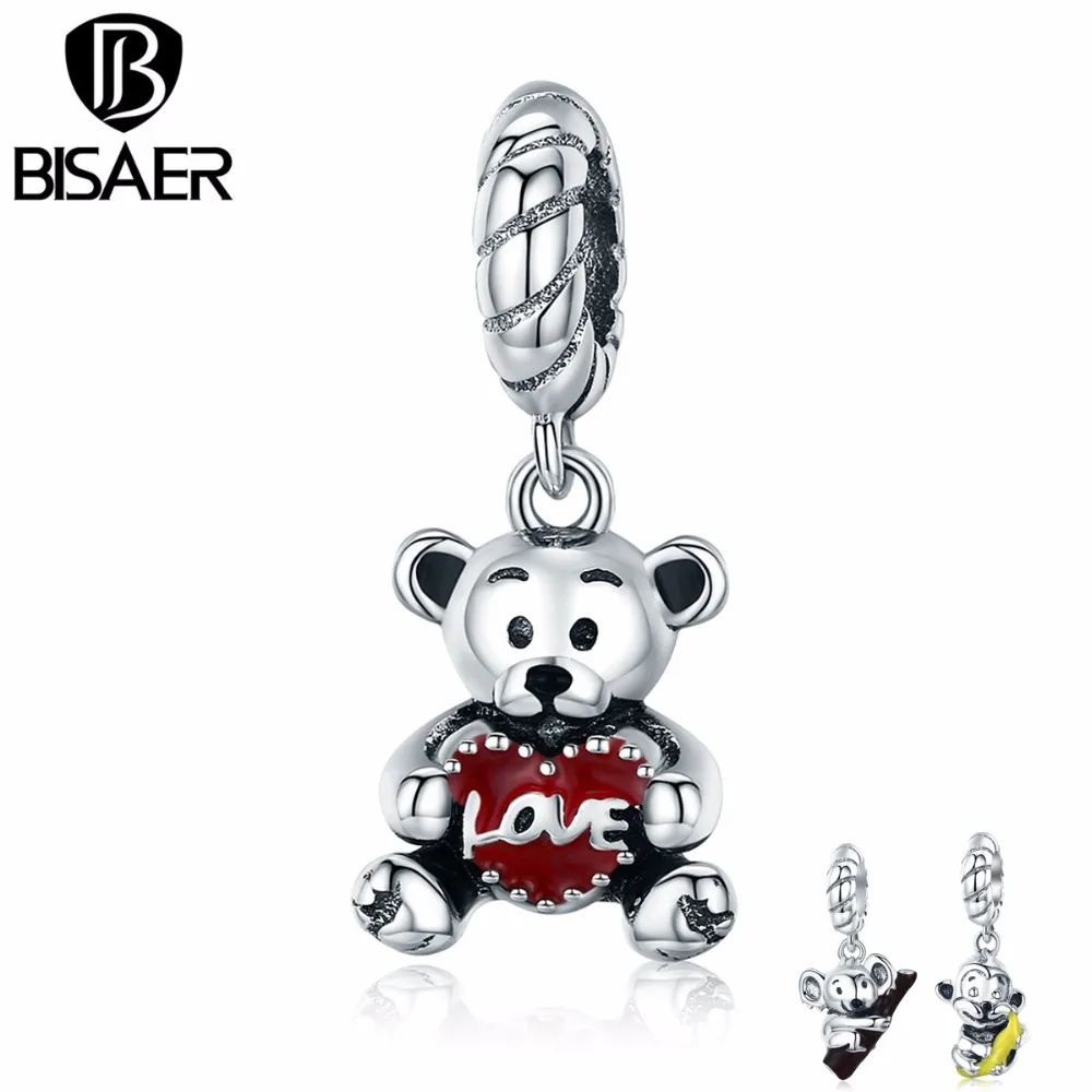 BISAER, 925 пробы, серебряный, счастливый, животное, обезьяна, коала, любовь, медведь, подвеска, шарм, подходит для женщин, браслет, 925, серебряные ювелирные изделия GXC521
