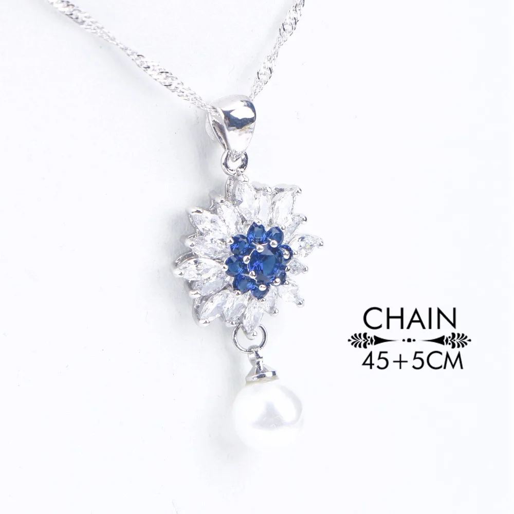 Женский комплект свадебных украшений с голубым цирконием и жемчугом серебро 925