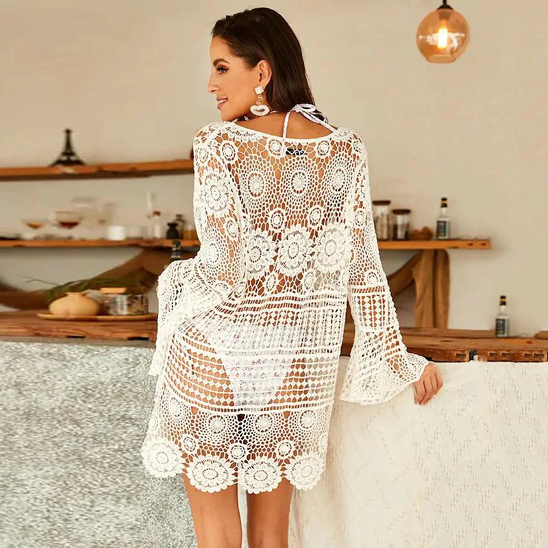 Summer Lace Flared Sleeves See Through Dress Sexy Loose Bikini Cover-Up Sunscreen Holiday Beach Skirt Women Swimsuit Dresses