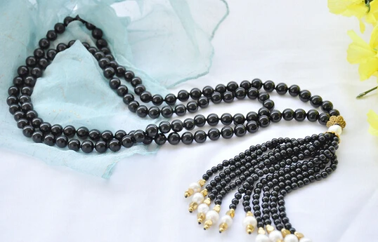 

huij 004339 8mm black stone bead white round pearl necklace AAA