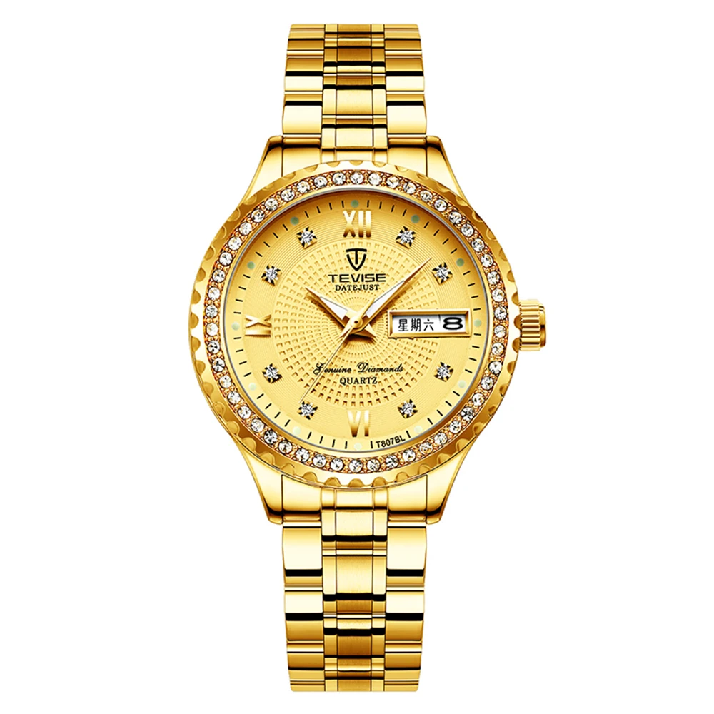 Gold TEVISE T807BL кварцевые часы для женщин водонепроницаемые наружные ночные циркониевые украшения браслет из нержавеющей стали минеральные женские наручные часы - Цвет: Gold