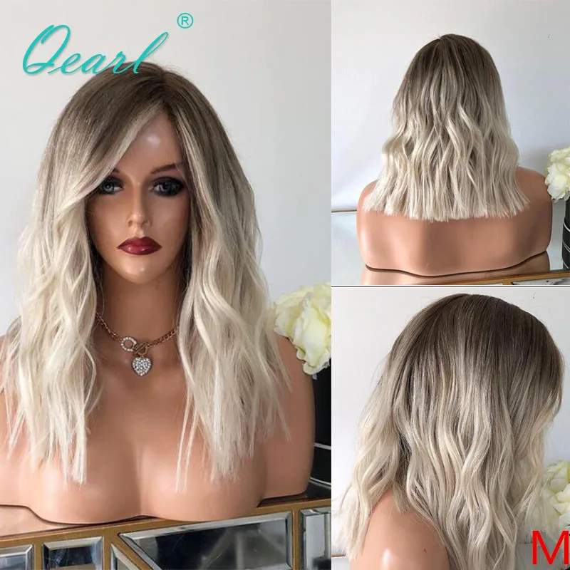 

Short Medium Human Hair Lace Front Wig Ombre White Blonde 13x4/13x6 Lace Frontal Wigs 150% Bleached knots Wavy Remy Hair Qearl