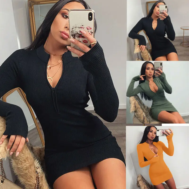 

Women Winter Fall Bodycon Ribbed Dress 2020 New Stand Collar Zipper Deep V-neck Solid Stretch Bodycon Pencil Party Mini Vestido