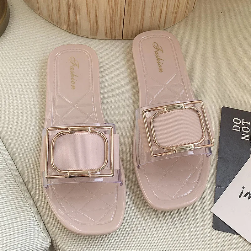 

2021 Summer New Women Summer Flat slippers Fashion Square buckle beach slippers Candy color outdoor slippers Casual sandals