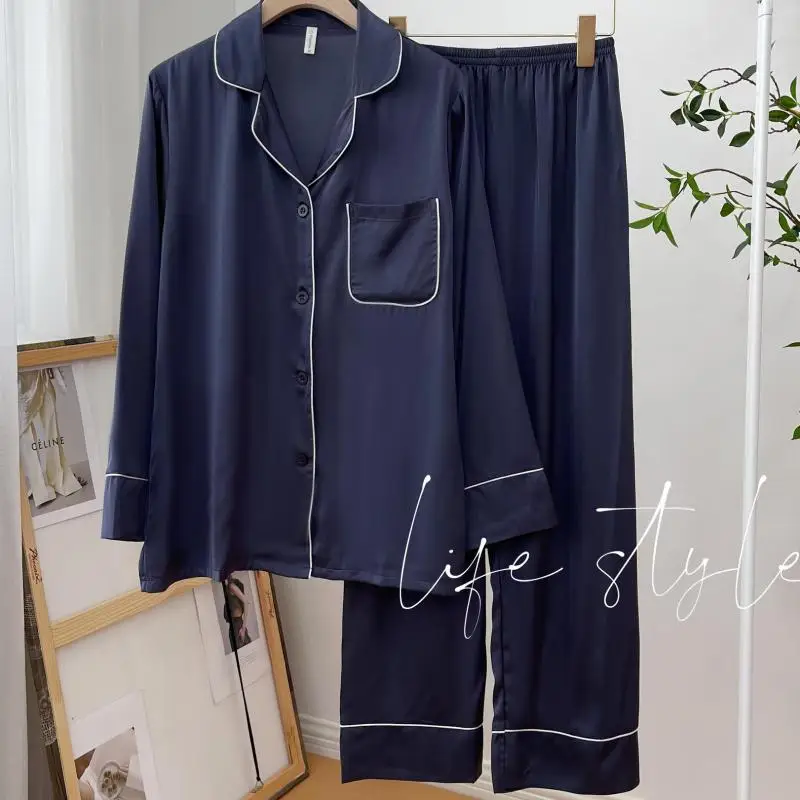 Комплект пижамный атласный женская одежда для сна на пуговицах с лацканами