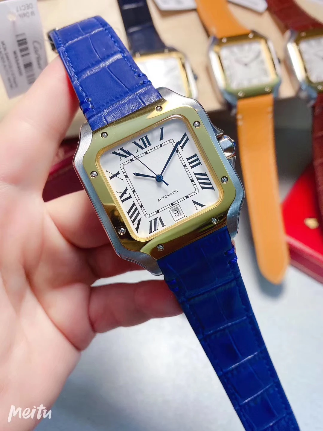 

2020 New Automatic Mechanical Silver White Rome Dial Gold Bezel Leather Men Sapphire Stainless Steel Bracelet Square Date Watch