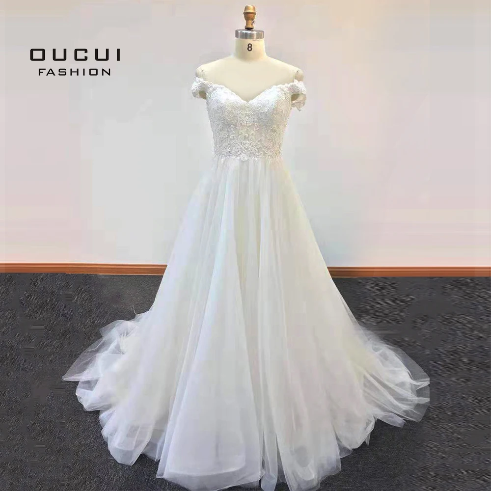 Кружевное длинное свадебное платье-трапеция модель 2019 года Тюлевое платье с