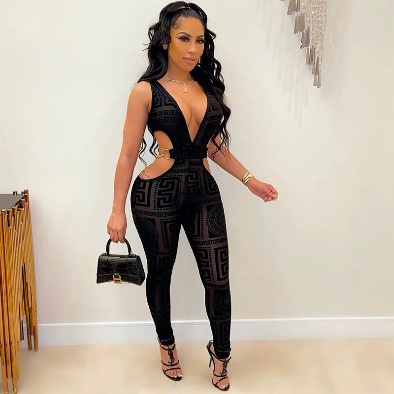 

Sexy Cut Out Black Party Jumpsuits Women Fashion V-neck Sleeveless Backless Mesh Sheer Bodycon Printed Elegant Overalls Clubwear