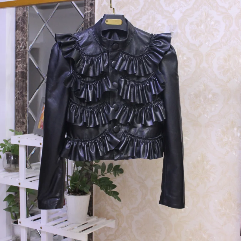 

Модные женские кожаные куртки с оборками Новинка Весна 2021 дизайнерское короткое пальто из натуральной кожи C080