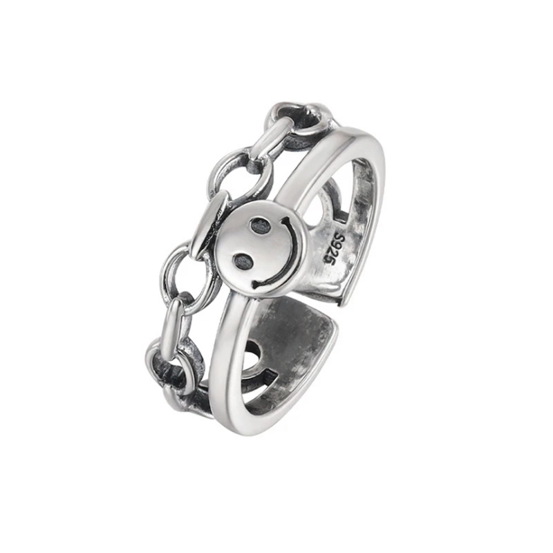 

2020 Simple Lucky Keep Smilely Face Vintage Finger Rings For Female Jewelry 925 Sterling Silver Link Chain Punk Style Party Gift