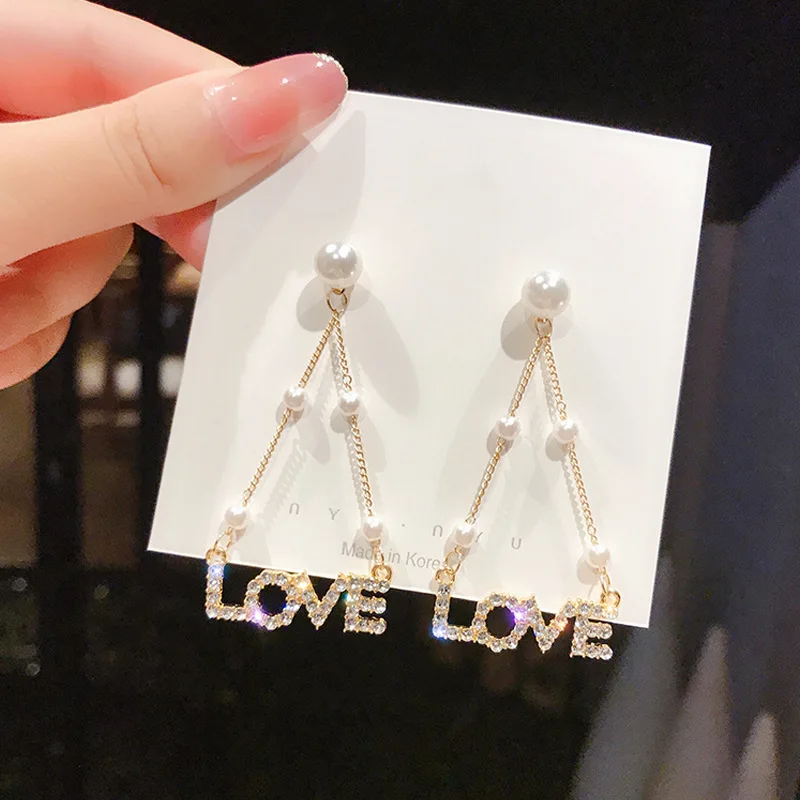 

Korean Cute Rhinestone LOVE Drop Earrings For Women Fashion Pearl Earrings Geometric Dangle Earrings Jewelry Girls Gift