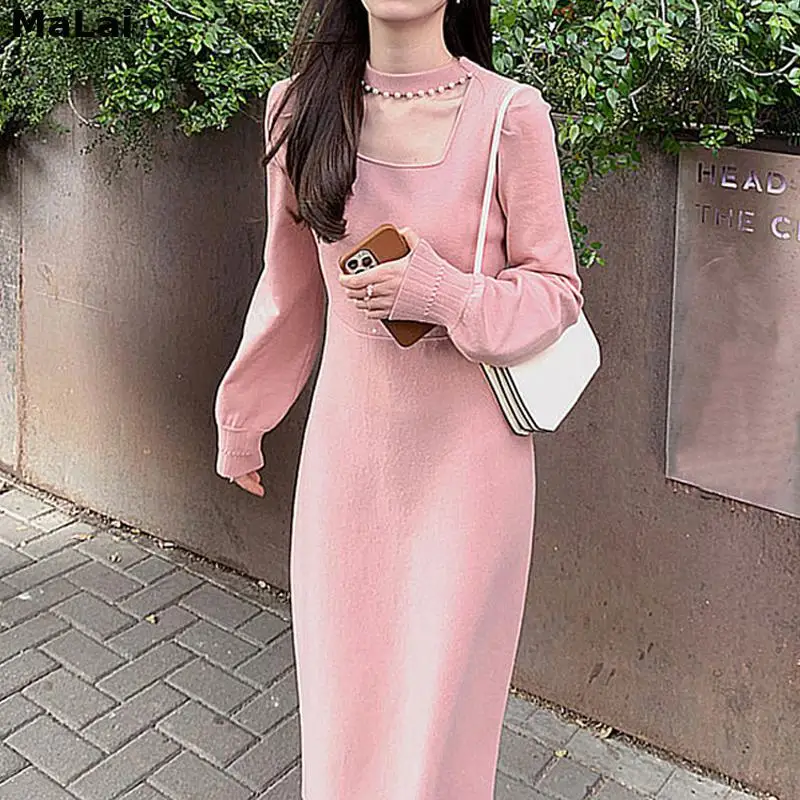

Knitted One Piece Dress Korean 2021 Spring Long Sleeve Elegant Midi Dress Women Female Square Collar Sweet Party Vintage Dress