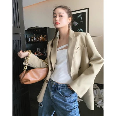 

Elegant Notched Collar Ladies Solid Blazer Jackets Autumn Long Sleeve Double Breasted Loose Female Suit Coats 2021