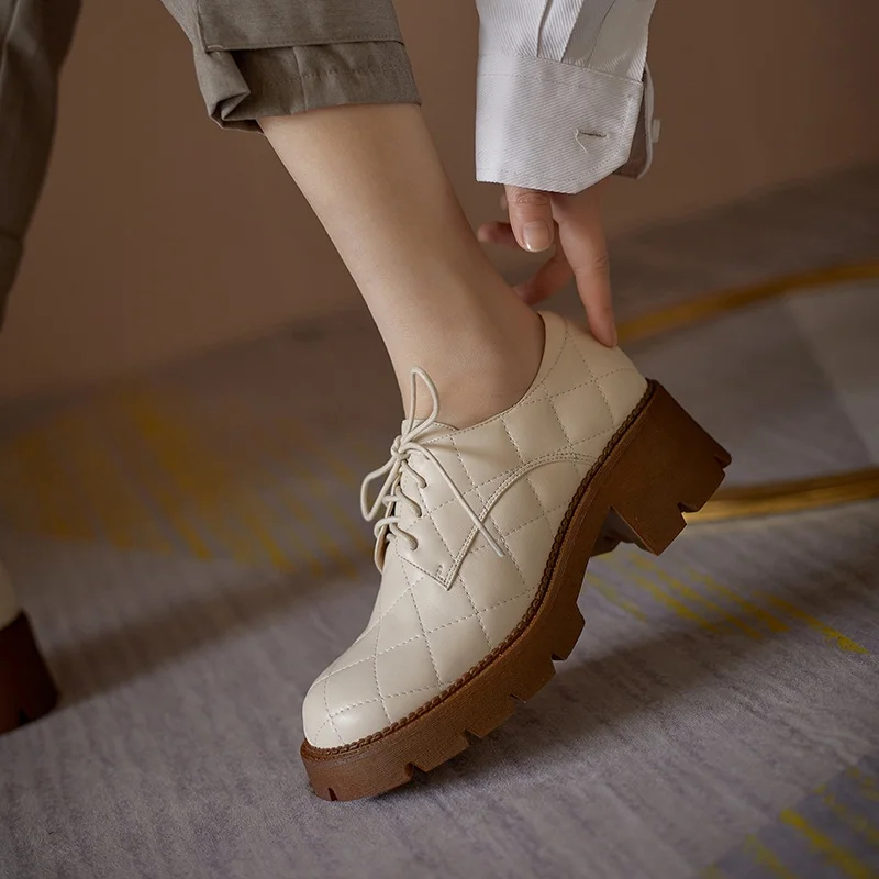 

Brand Women Pumps New 2021 Spring Autumn Shoes Square Heels Round Toe Lace Up Platform Black Beige Dress Casual Shoes Woman 39