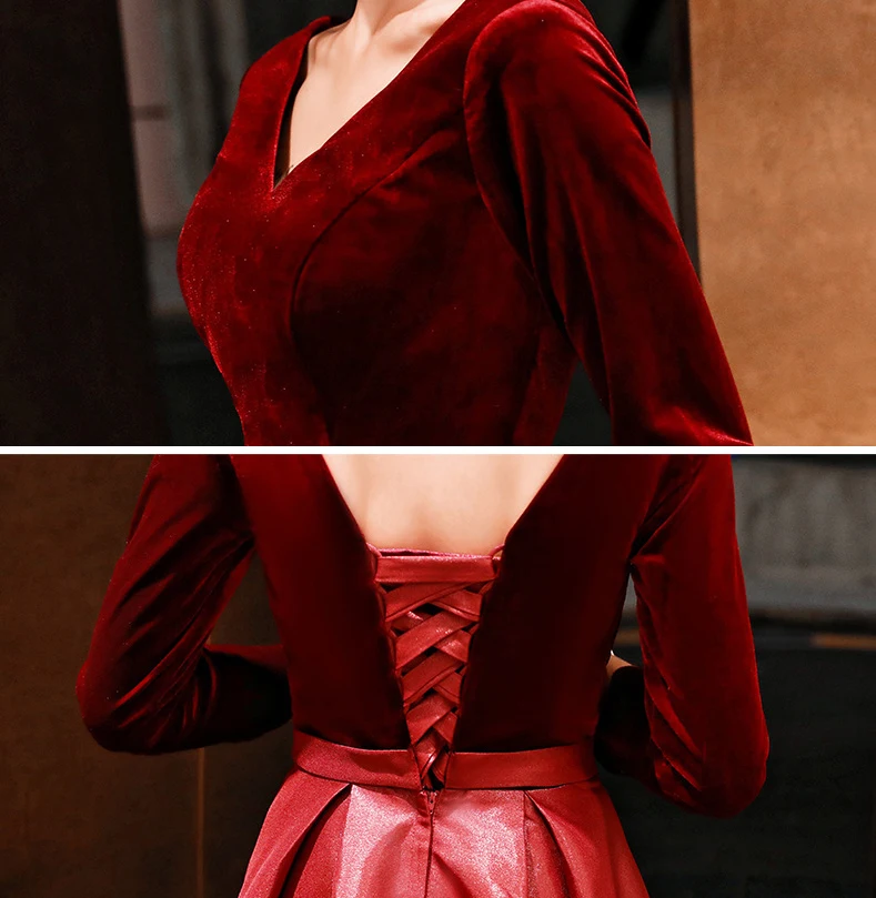 

Burgundy Bride V-Neck Party Dress Wrist Sleeve Women Elegant Slim Cheongsam Ankle-Length Wedding Qipao Long Gown Vestido S-XXL