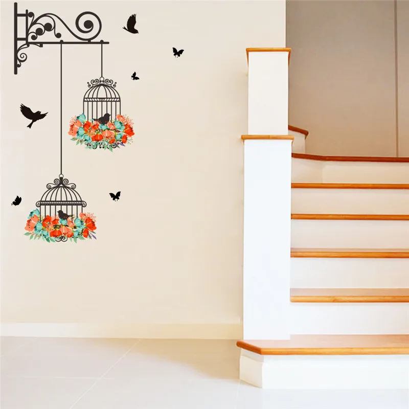 

Floral birdcage wall sticker decals flying birds plants =living room wallpaper bedroom nursery window decor