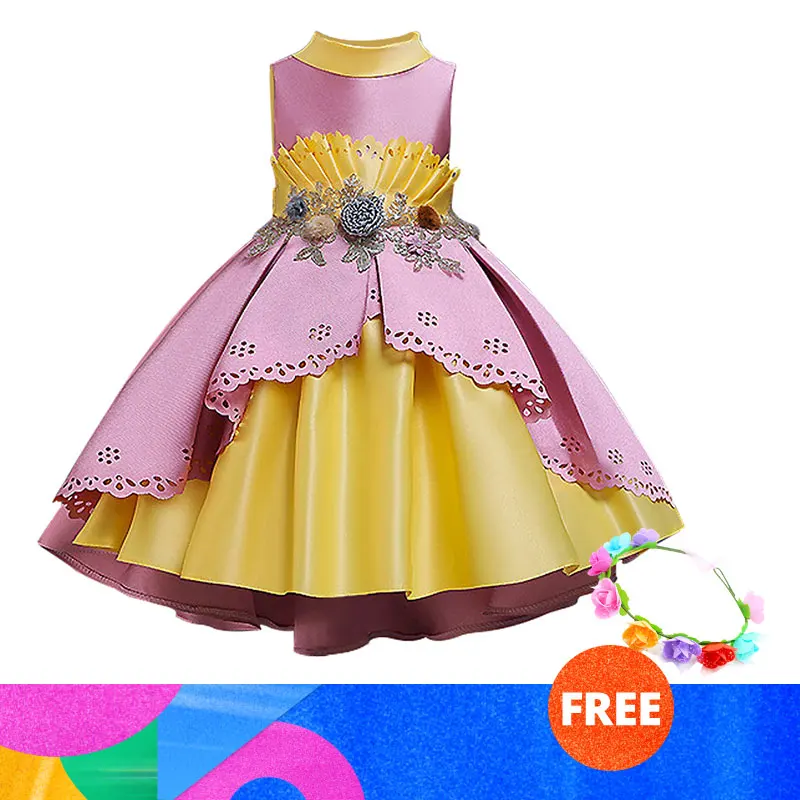 pink Платье для маленьких девочек от 3 до 10 лет, vestidos, Рождественская праздничная одежда принцессы элегантные платья с кружевными лепестками для детей, костюмы для свадебной вечеринки - Цвет: pink