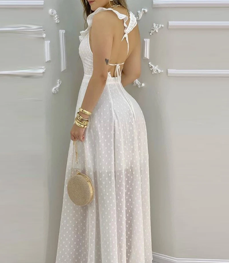 

Bonnie Forest Elegant White Polka Dot Ruffles Smocked Baby Doll Maxi Dress Sexy Laced Back High Slit Long Dress Vacation Outfits