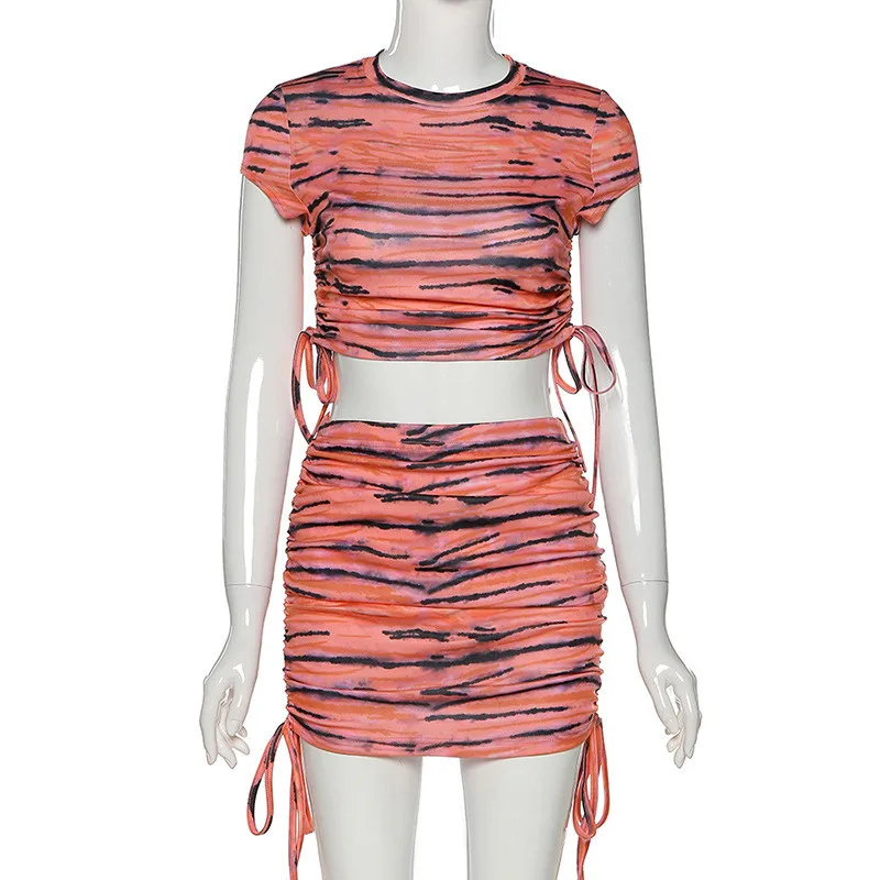 

SEASONS Tie Dye Short Sleeve Pleated Bandage Sexy Crop Tops Mini Skirt 2 Pieces Set Summer Women Fashion Tracksuit ASSU80631