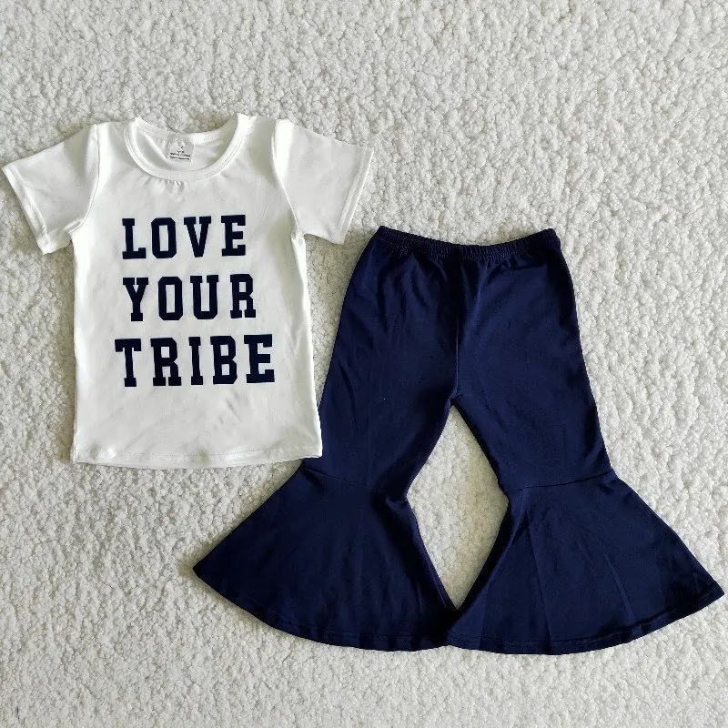 

Wholesale Children Baby Girls Boutique Clothing Sets Kids Short Sleeve Letter Top Shirt Navy Bell-bottomed Pants Fashion Outfit