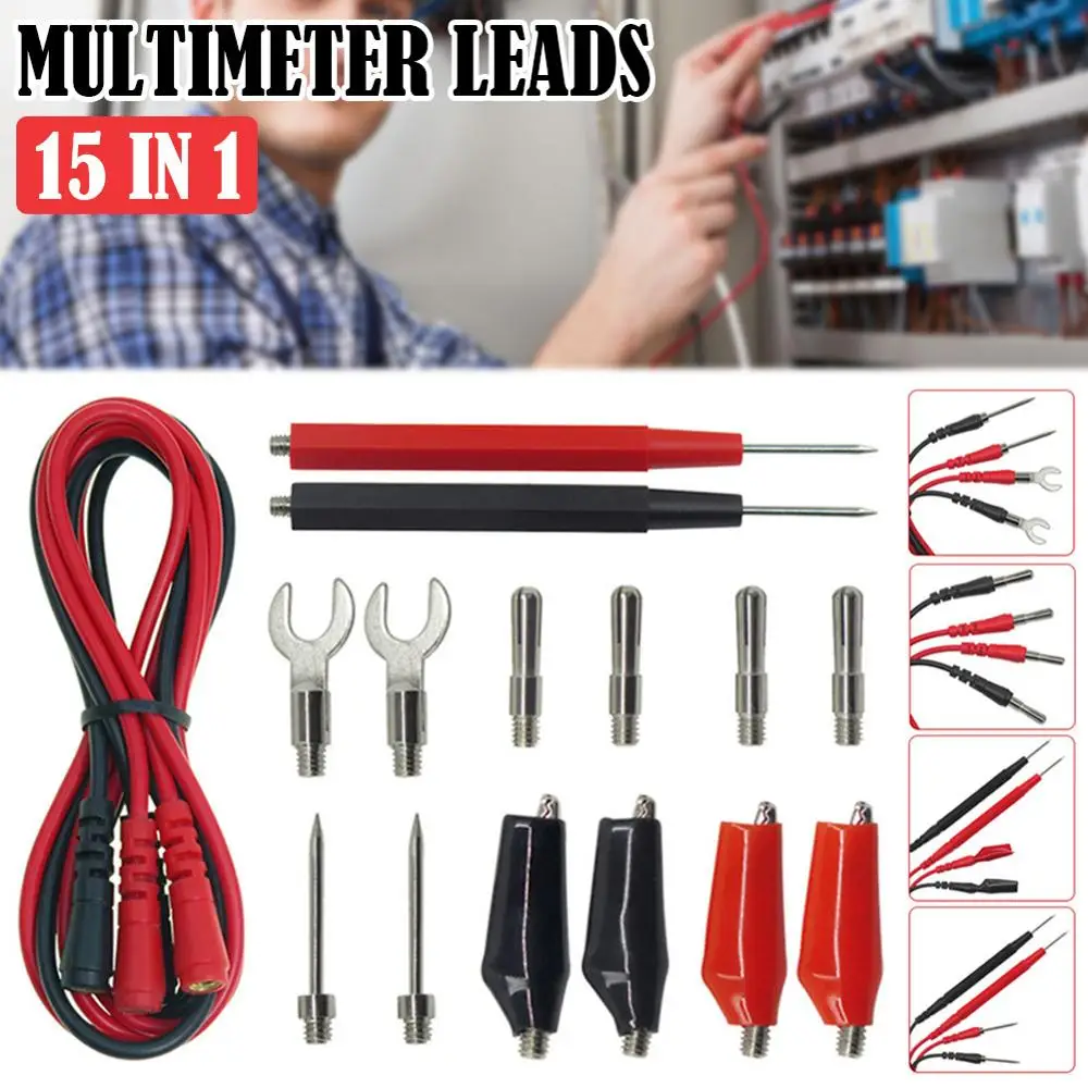 

15Pcs Multimeter Test Leads Kit with Replaceable Alligator Clips Banana Plugs Probe Tips 35" Cable