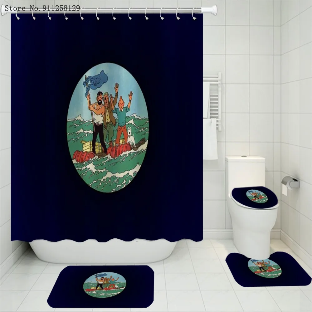

4 штуки приключение Тинтин Душ наборы штор мультфильм ковер с аниме пьедестал коврик крышка унитаза коврик для ванной набор для ванной
